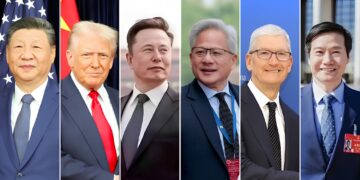 從左至右：習近平、川普、馬斯克、黃仁勳、庫克、雷軍。（圖：中華人民共和國外交部、中華人民共和國商務部、伊隆·馬斯克 X、路透社、雷軍微博）